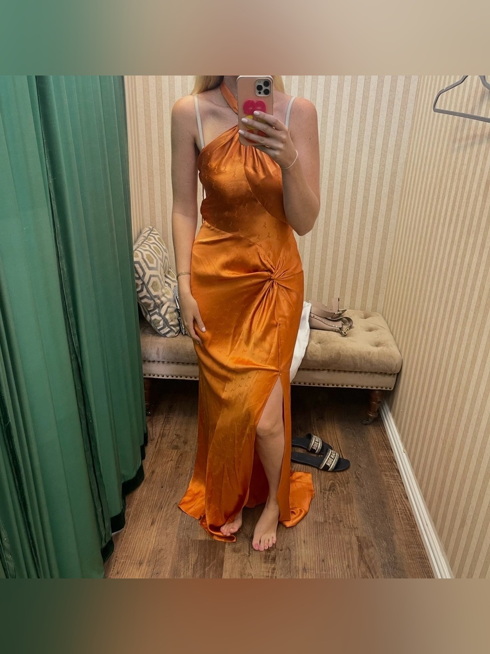 Ronny Kobo Collection One-Shoulder Satin Maxi Dress in Orange